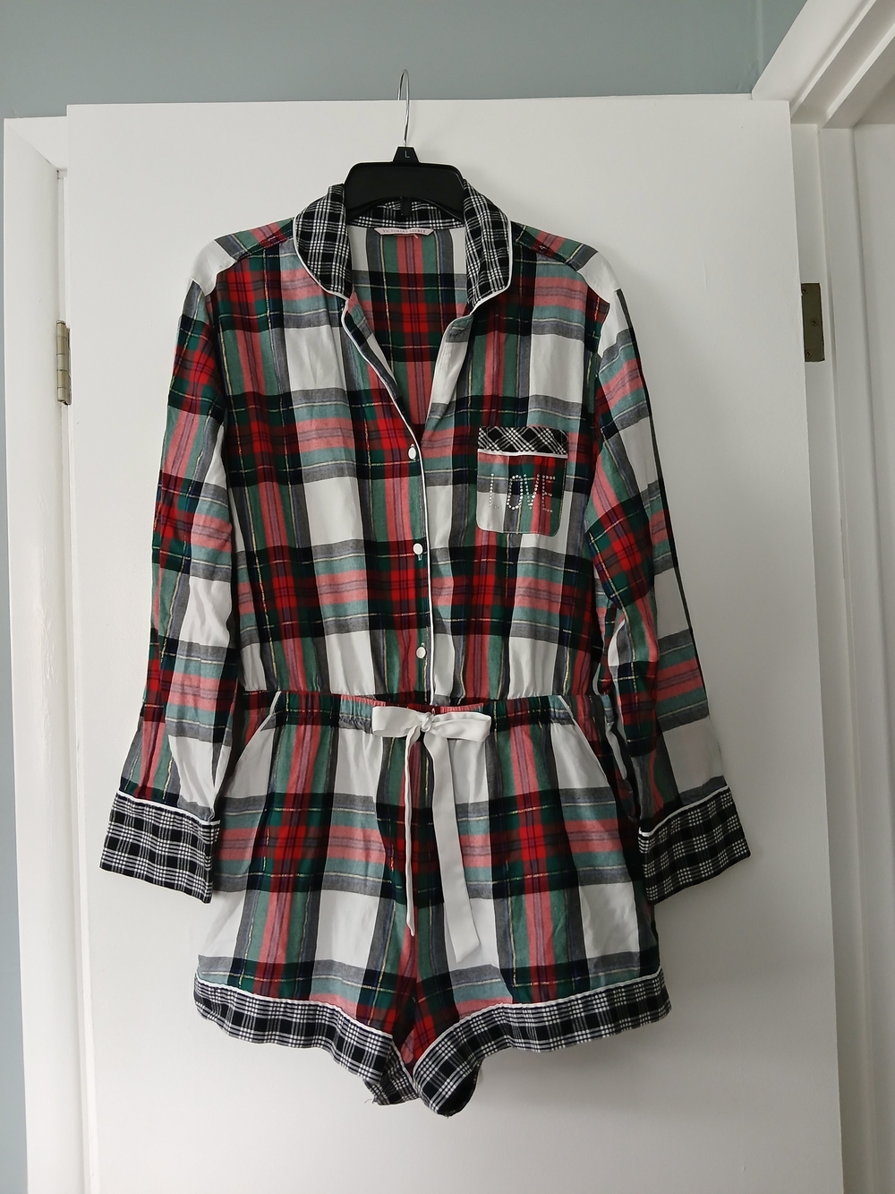 Plaid Button-Up Romper with Drawstring Waist - Red, Green, White